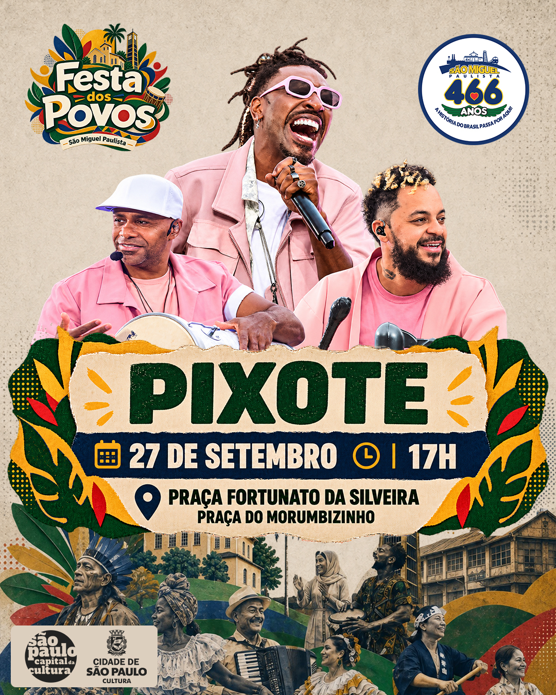 Flyer do Grupo Pixote na Festa dos Povos, dia 27 de setembro às 17h, na Praça Fortunato da Silveira